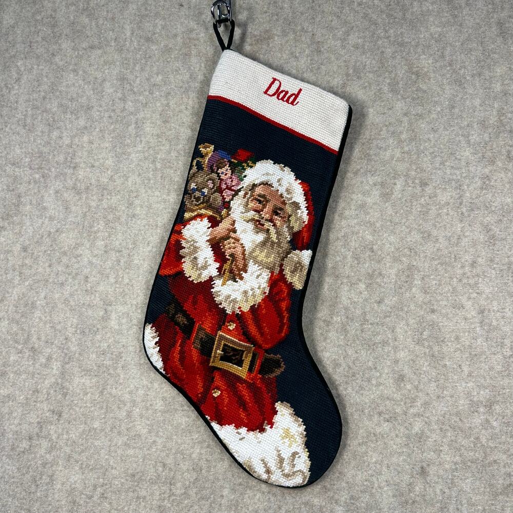 Vintage Christmas Stocking - "DAD" - Wool Needlepoint Velvet Red Santa Claus